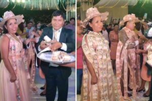 Novios reciben ropa confeccionada con billetes de 100 y 200 bolivianos como regalo de bodas